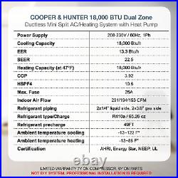 18000 BTU Dual 2 Zone Mini Split Heat Pump Air Conditioner 22.5 SEER 9000 12000