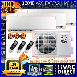 24K BTU 23 SEER 3 Zone x 9K Stealth AC Cooling & MAX Heat Pump Mini-Split System