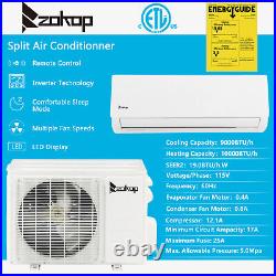 9000 BTU AC Ductless Air Conditioner, Heat Pump Mini Split 115V Withkit, 19 SEER